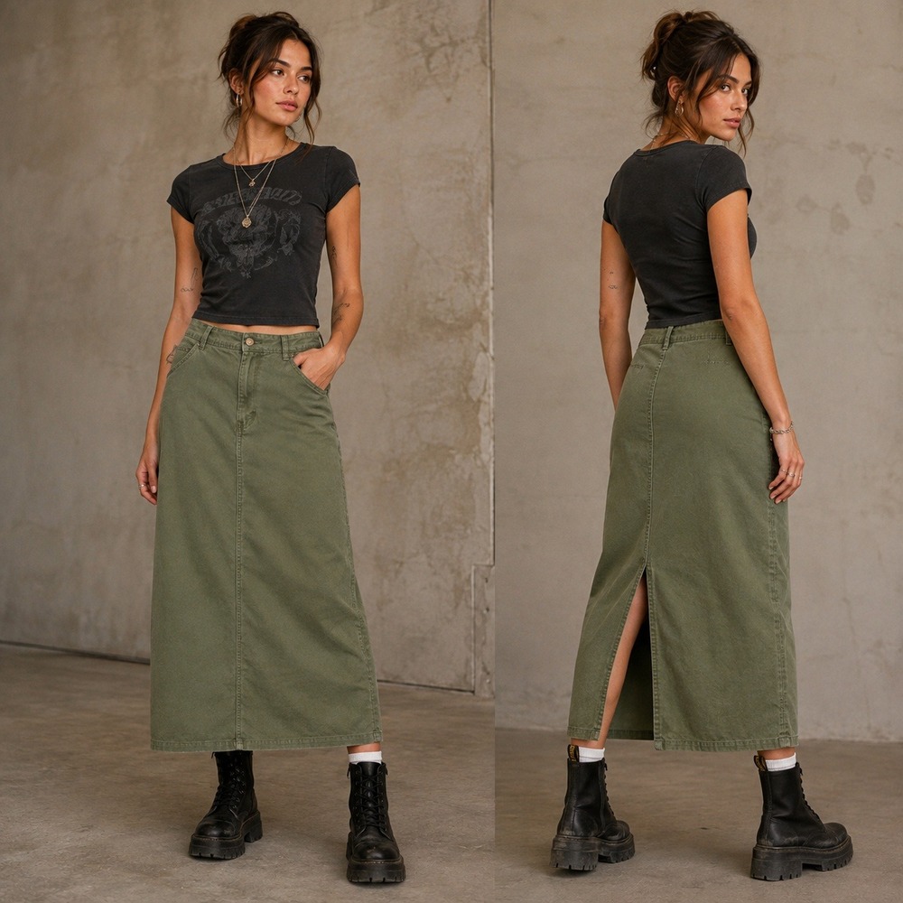 Vtg Y2K Forest Army Green Cotton Midi Maxi Skirt Earthy Boho Grunge Granola 14